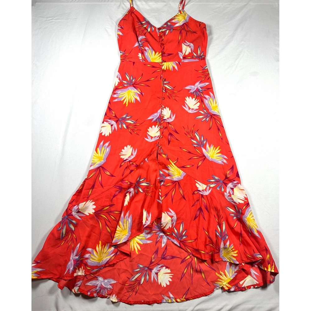 Summer wedding Red Floral Button Down High Low Maxi Dress Tropical Summer Small